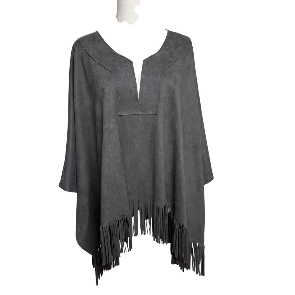 Karen Kane Womens Grey Faux Suede Fringe V-Neck Poncho Wrap L72551 Size S/M